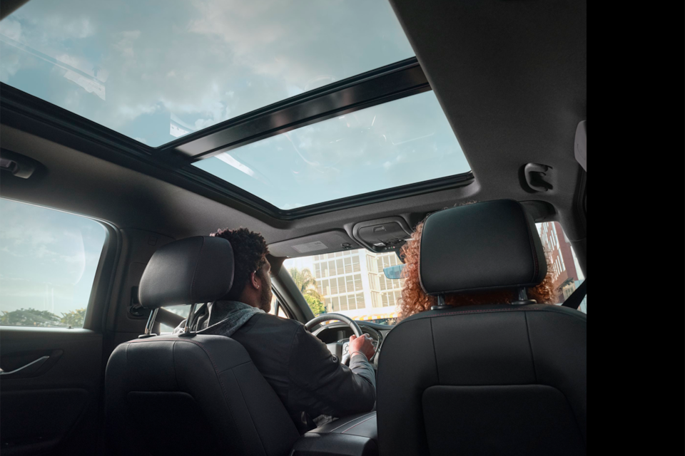 Rear passenger's view of the sunroof inside the 2025 Chevrolet Blazer.