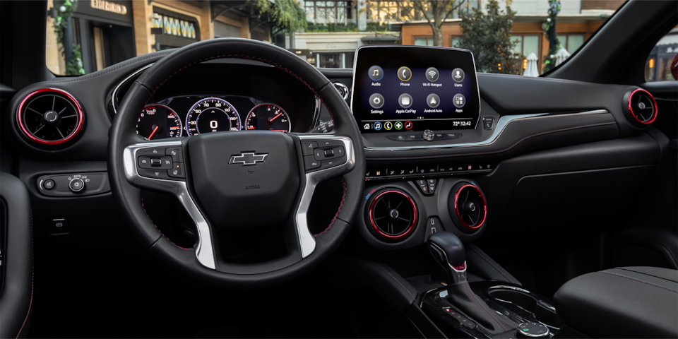 Driver's view of the spacious front interiors of the 2025 Chevrolet Blazer.