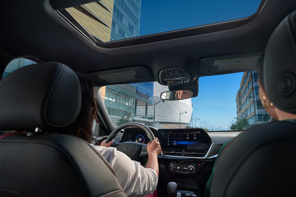 Front interior and sunroof of the 2025 Chevrolet Trax.