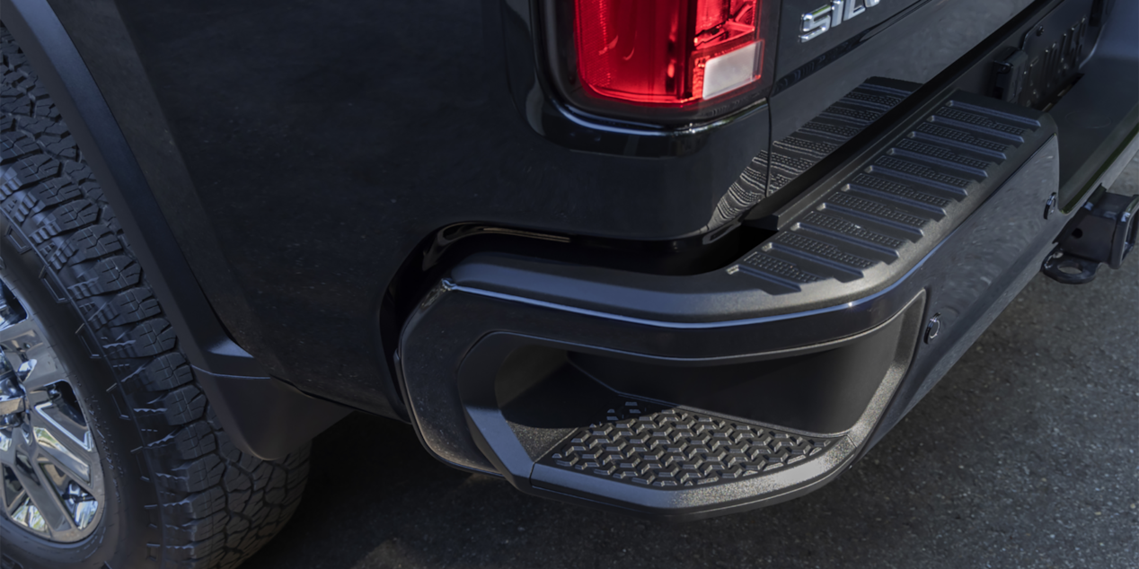 Close up view of the rear bumper on the 2025 Chevrolet Silverado HD pickup truck.