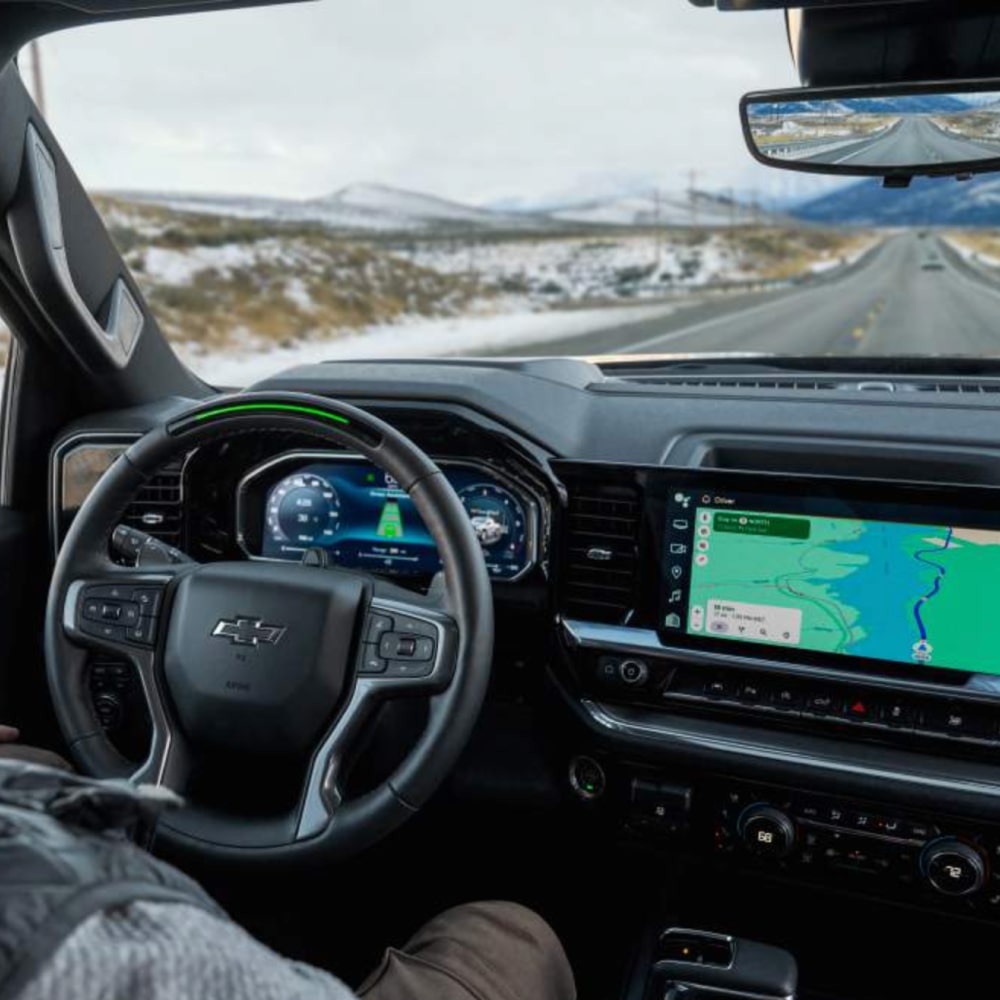 Front view of the steering wheel and display dashboard of the 2025 Chevrolet Silverado LD.