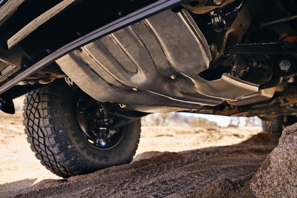 Front aluminum skidplate close-up of the Chevrolet Silverado HD ZR2.