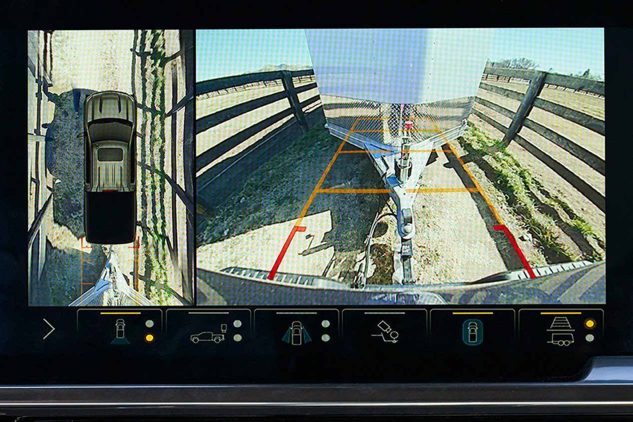 A camera view showing the trailer and the top angle of the 2024 Chevrolet Silverado work truck.