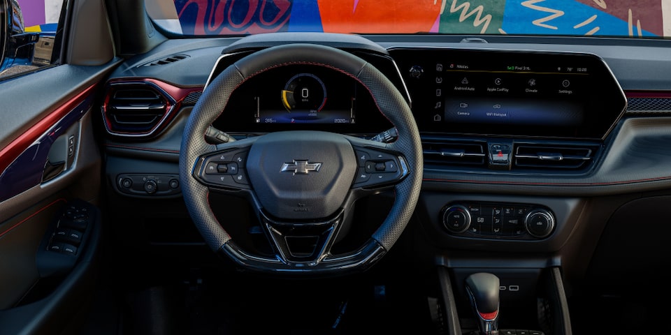 Driver's perspective of the interiors of the 2024 Chevrolet Trailblazer.