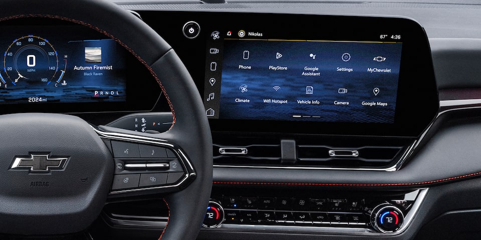 Close up view of the touch screen infotainment system inside the 2025 Chevrolet Equinox compact SUV.