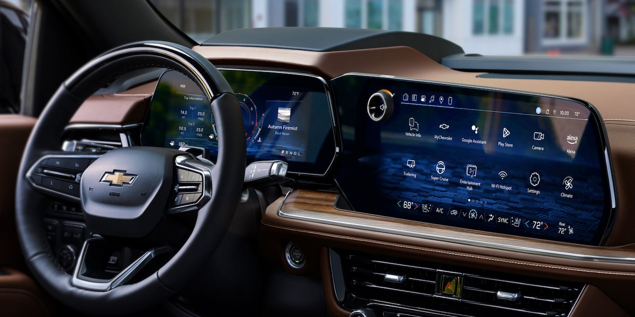 Front passenger's view of the front interiors of the 2025 Chevrolet Suburban.