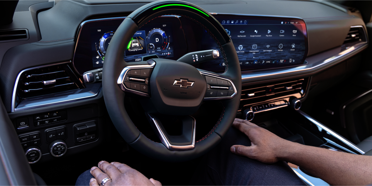 Driver's view of the 2025 Chevrolet Tahoe SUV while utilizing the Super Cruise technology.