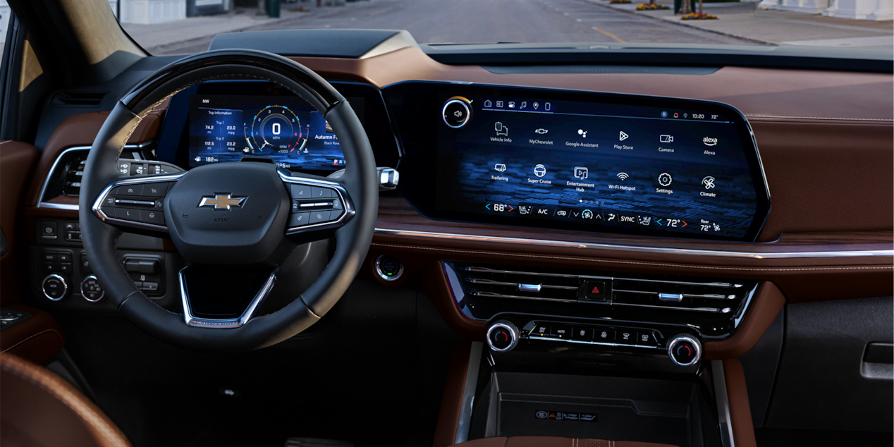 Driver's view of the front interiors of the 2025 Chevrolet Tahoe SUV.