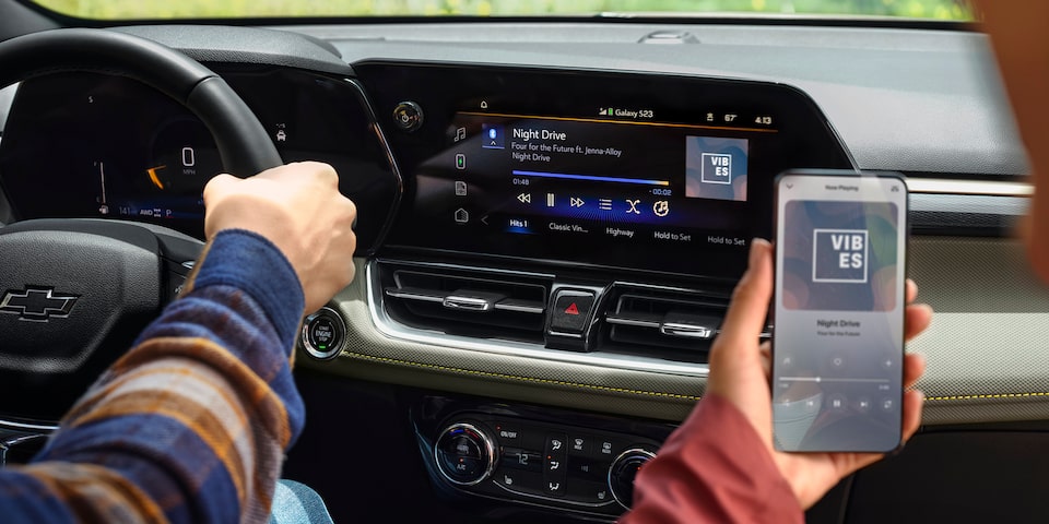 Bluetooth smartphone connected to infotainment system of the 2025 Chevrolet Trailblazer.