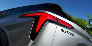 The SS Logo of the 2024 Radiant Red Chevy Blazer EV