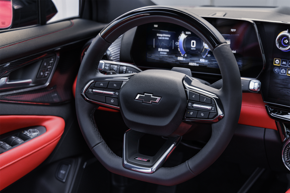 Close-up of the steering wheel on the 2025 Chevrolet Blazer EV.