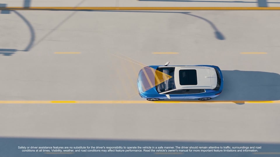 Illustration of the Lane Keep Assist feature on the 2025 Chevrolet Equinox EV.