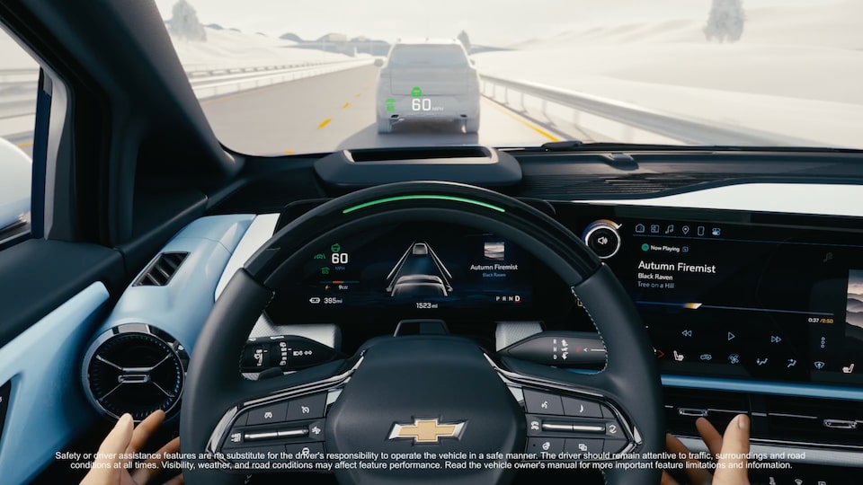 Driver's view of the Super Cruise technology in action while inside the 2025 Chevrolet Equinox EV.