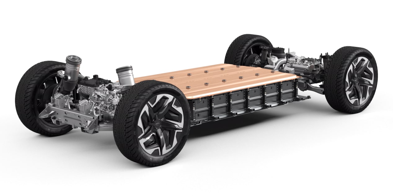 Front-side view of the EV battery and tires of the 2025 Chevrolet Silverado EV.