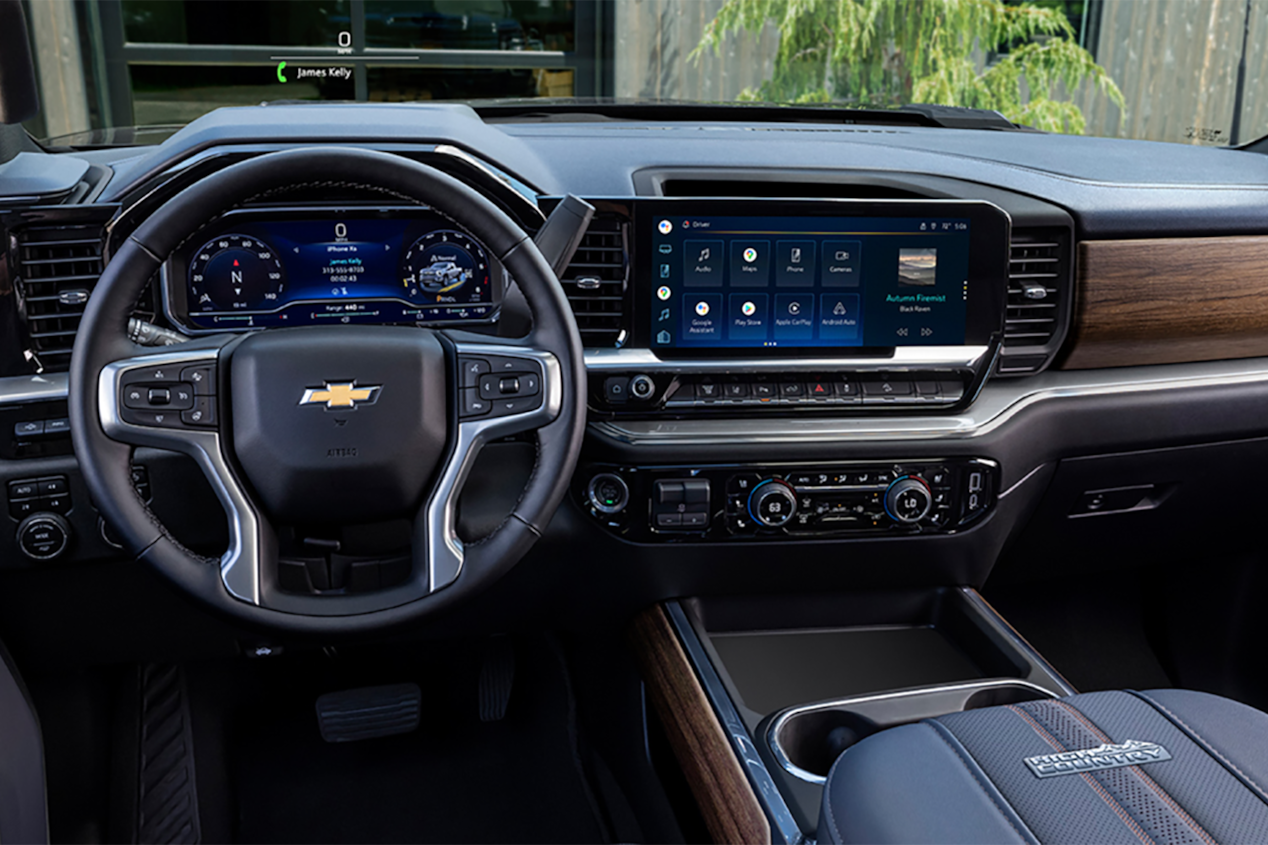 Driver's view of the comfortable interiors of the 2025 Chevrolet Silverado HD pickup truck.