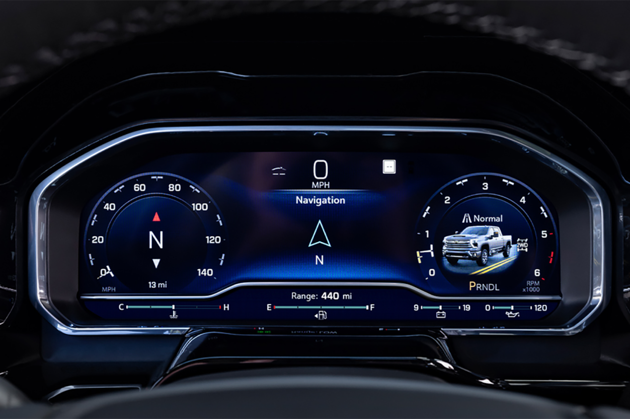 Close up view of the 12.3-Inch Diagonal Driver Information Center inside the 2025 Chevrolet Silverado HD pickup truck.