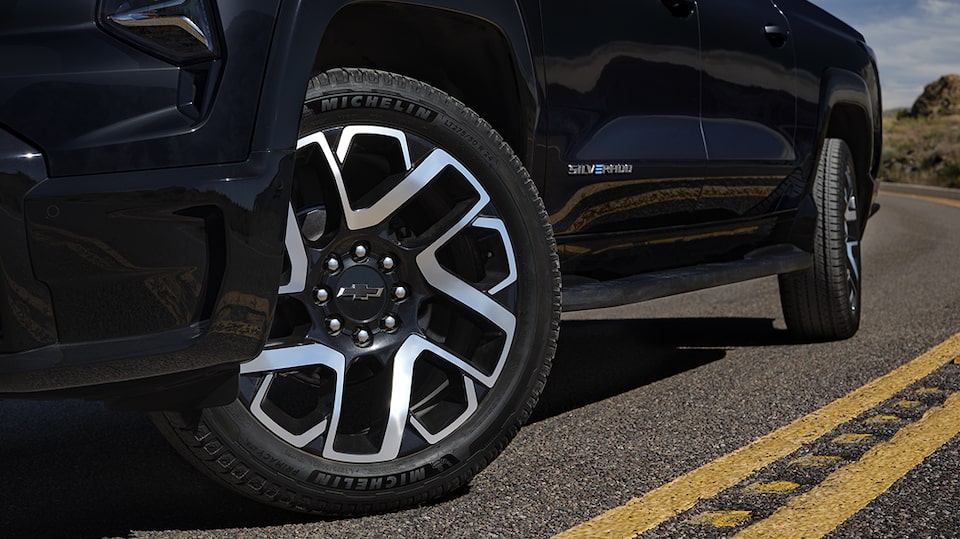 Crop view of the 2024 Chevrolet Silverado EV front wheel.