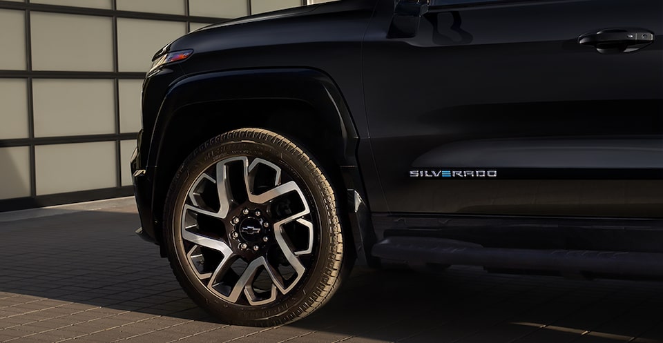 Close-up view of the 2024 Chevrolet Silverado EV front left wheel.