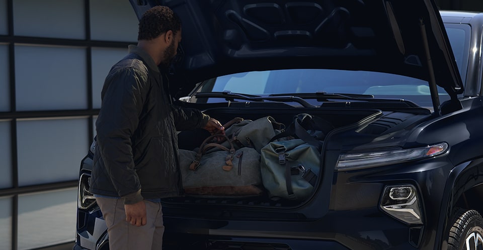 Front interior cargo space under the hood of the 2024 Chevrolet Silverado EV.