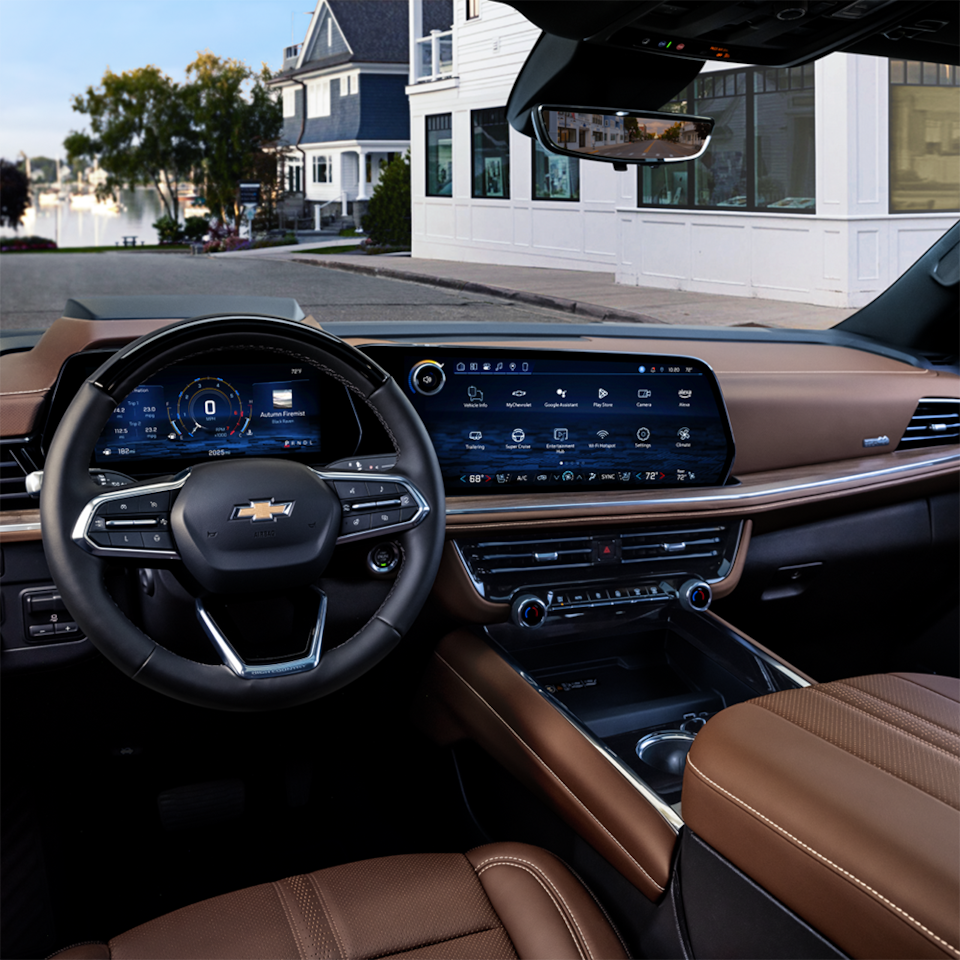 View of the Front Seats, Steering Wheel, and Infotainment System in the 2025 Chevrolet Suburban SUV