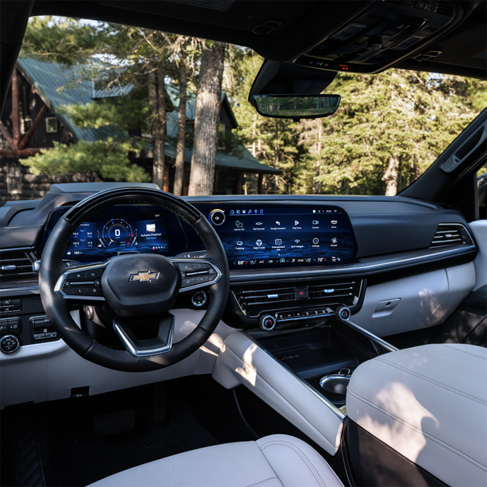 View of the Front Seats, Steering Wheel, and Infotainment System in the 2025 Chevrolet Suburban SUV