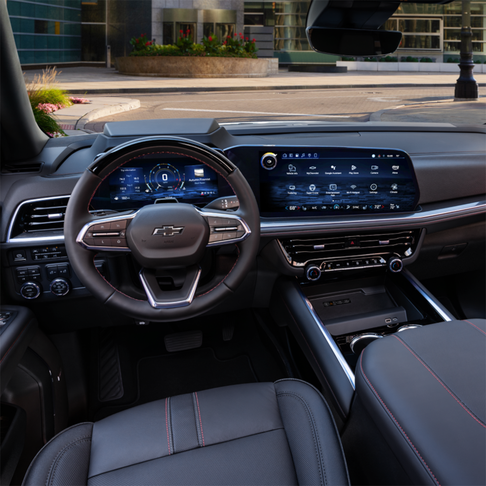 View of the Front Seats, Steering Wheel, and Infotainment System in the 2025 Chevrolet Suburban SUV