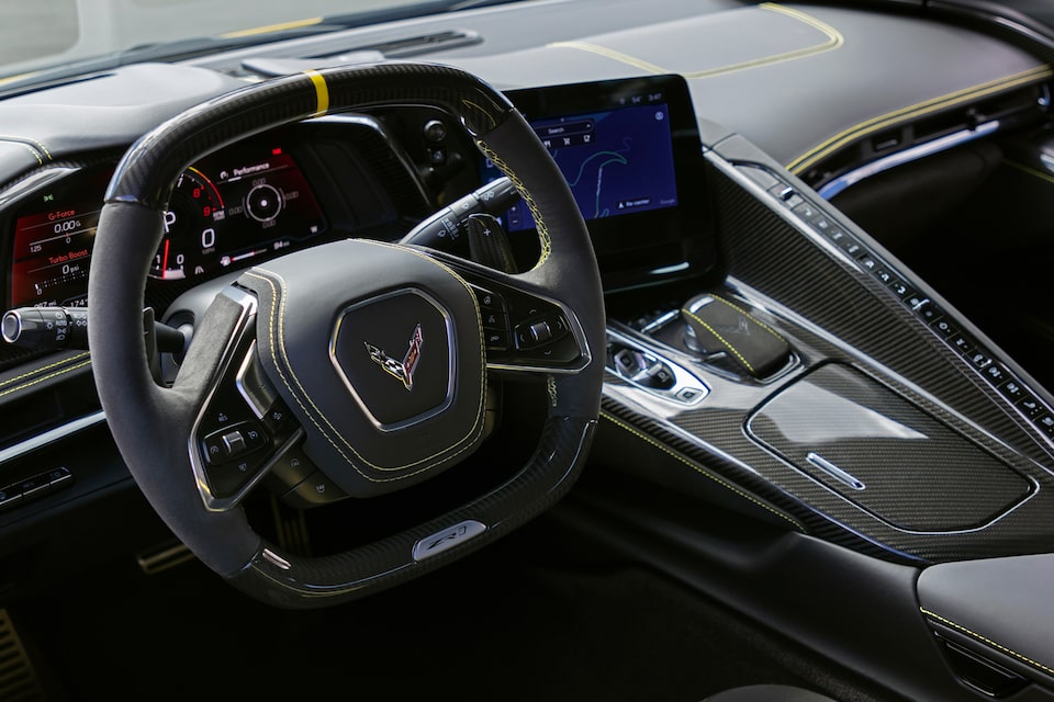 Front-side view of the steering wheel on the 2025 Chevrolet Corvette ZR1.