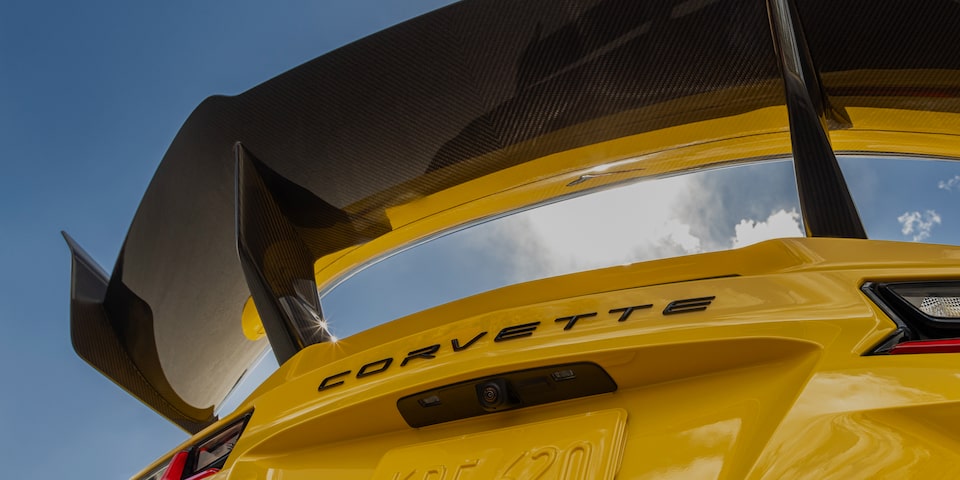 Close up view of the rear spoilers on the 2025 Chevrolet Corvette ZR1.