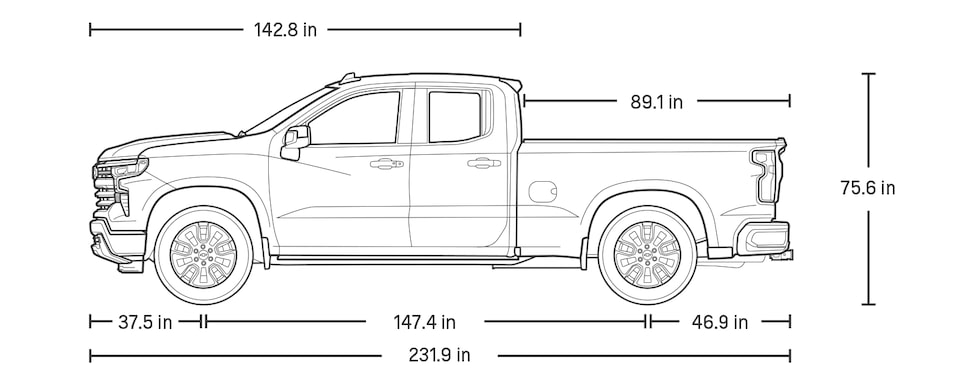 Diagram of dimensions on the 2024 Chevrolet Silverado work truck Double Cab pickup truck.