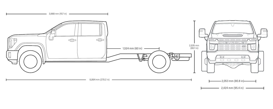 Specs graphic of the 2024 Chevrolet Silverado 3500 HD Chassis Crew Cab.