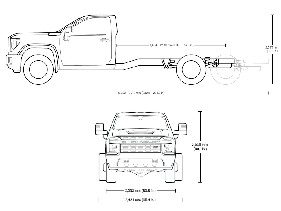 Specs graphic of the 2024 Chevrolet Silverado 3500 HD Chassis Regular Cab.