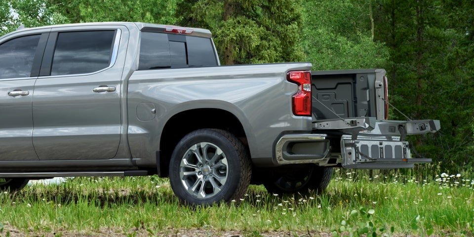 2025 Chevrolet Silverado LD Work Truck parked in the grass with the tailgate lowered.