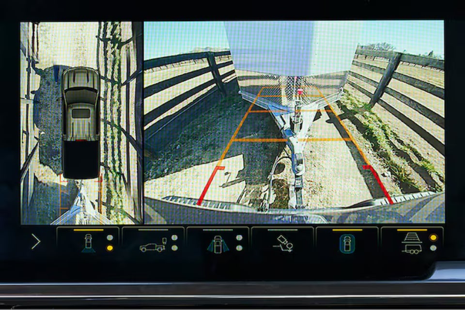 A camera view showing the trailer and bird's eye view of the 2025 Chevrolet Silverado LD Work Truck.